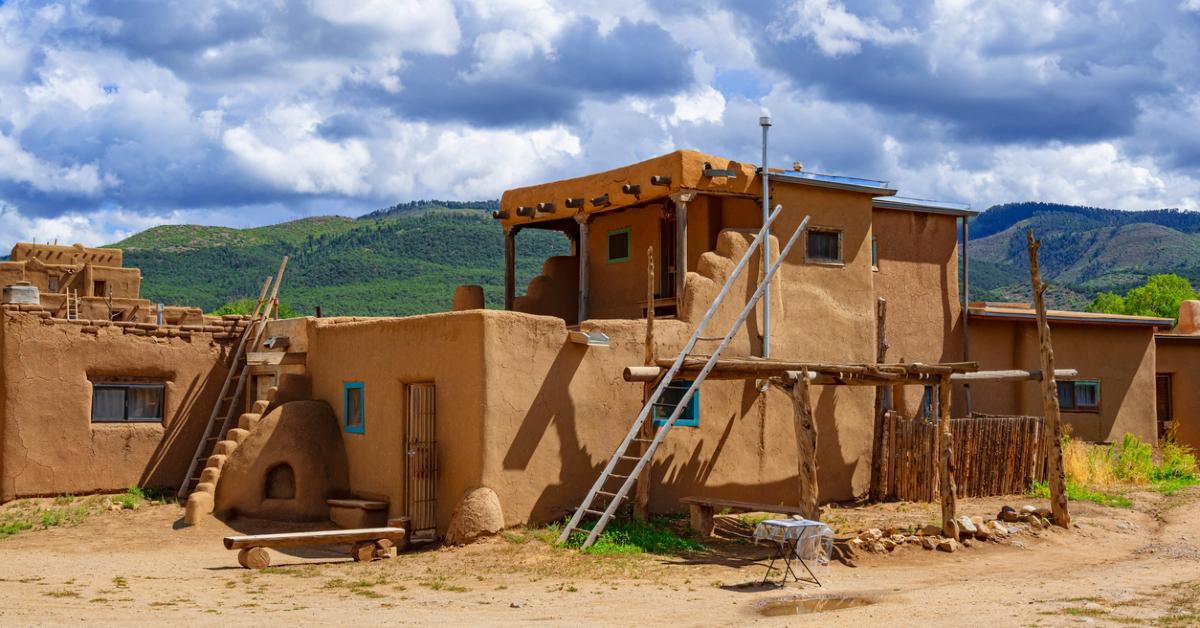 Photo of adobe house construction in Pueblo, New Mexico